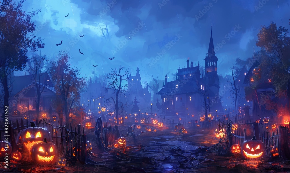 Fototapeta premium Group of pumpkins enter in city on Halloween day