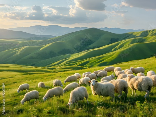 Flock of sheep grazing on lush green hills under a golden sunset