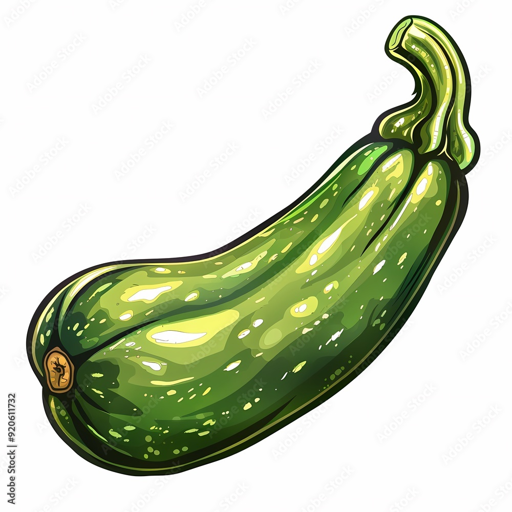 A single, whole green zucchini, drawn in a cartoon style. The zucchini is isolated on a white background and has a detailed, textured skin. A single, whole green zucchini, drawn in a cartoon style. The zucchini is isolated on a white background and has a detailed, textured skin.