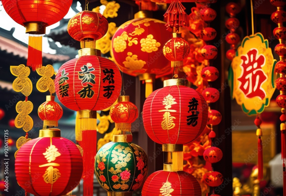 Fototapeta premium vibrant lunar new year decorations featuring colorful festive traditional symbols prosperity joy, emblems, ornaments, lanterns, celebration, culture, festival