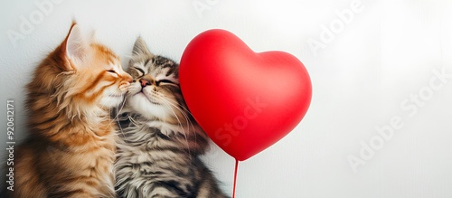 Two adorable kittens cuddling with a red heart balloon, showcasing love and affection, against a white backdrop. Template for quotes, and greetings cards.