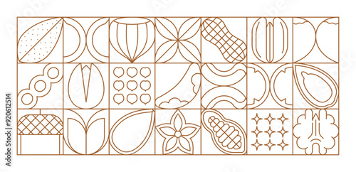 Nuts and beans modern geometric pattern with vector line almond, walnut, peanut and hazelnut. Abstract shapes background with outline chestnut, pecan and cashew, pistachio and acorn square tiles