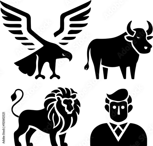 Silhouettes of biblical characters lion, bull, eagle and man. Vector set of black icons on transparent background
