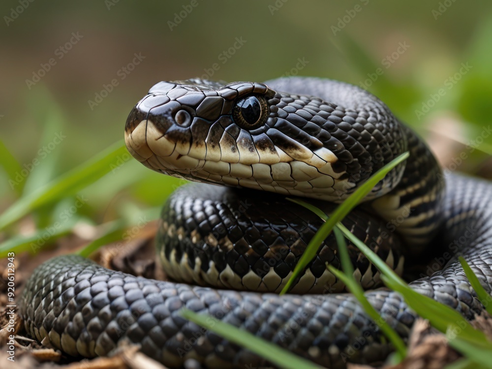 Coiled Snake in Grass with Intense Gaze and Detailed Scaly Skin Coiled Snake in Grass with Intense Gaze and Detailed Scaly Skin