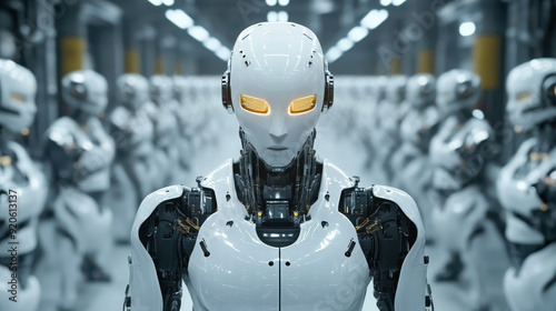 Futuristic androids in assembly line demonstrate advanced robotics and AI technological progress in modern industry settings.