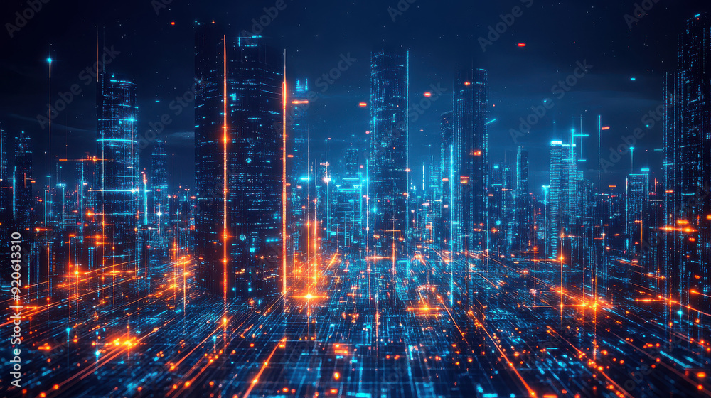 Obraz premium Futuristic digital cityscape with glowing neon blue and orange lights, representing high-tech connectivity and advanced technology.