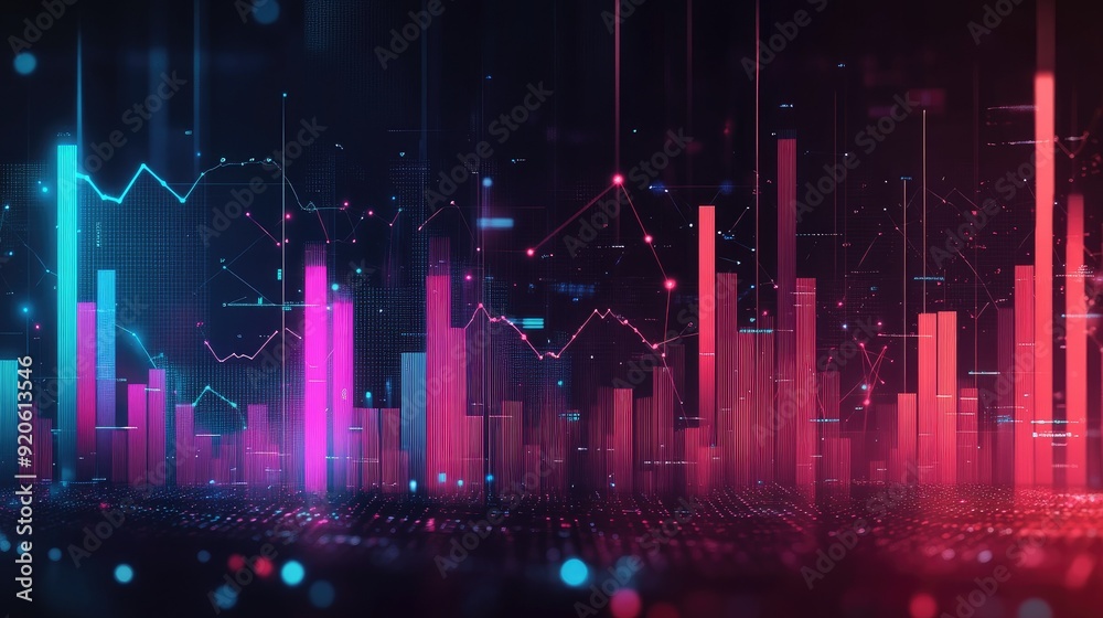 Abstract depiction of financial graphs and charts in neon colors Abstract depiction of financial graphs and charts in neon colors