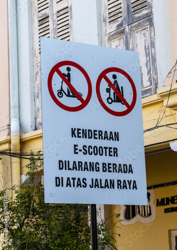 Sign in the stret to forbid electric scooter, Penang island, George Town, Malaysia