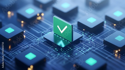 Futuristic artificial intelligence chip with verification symbol on electronic circuit board, representing secure technology.