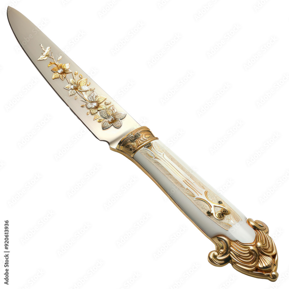 Naklejka premium Wedding cake knife isolated white background, without shadow, single object, detailed, PNG dicut style