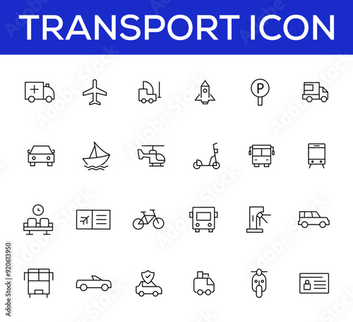 Vehicle and Transport line icon set. Containing car, bike, plane, train, bicycle, motorbike, bus and scooter icons. Transportation Simple line icon collections