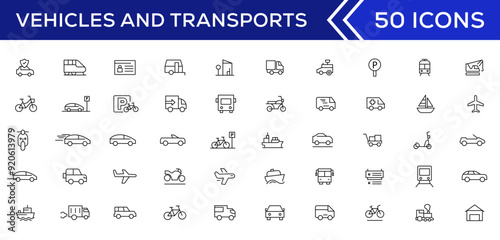 Vehicle and Transport line icon set. Containing car, bike, plane, train, bicycle, motorbike, bus and scooter icons. Transportation Simple line icon collections