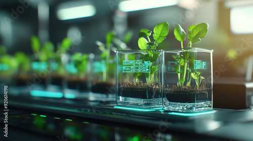 High-tech indoor farming with plants growing in modern lab conditions, illuminated by artificial light.