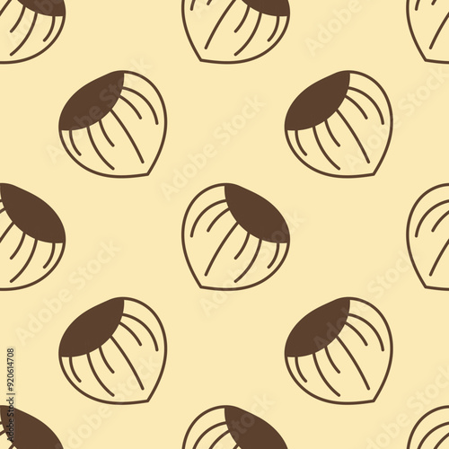 Hazelnut Seamless Pattern in Doodle Style. Hand drawn food ingredient background with nut kernels for confectionery. Repeat vector illustration. Line art.