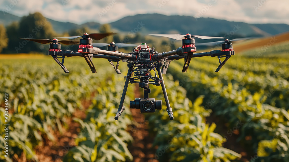 A drone flying over a lush green agricultural field with a camera attached, capturing aerial footage in a scenic countryside. A drone flying over a lush green agricultural field with a camera attached, capturing aerial footage in a scenic countryside.
