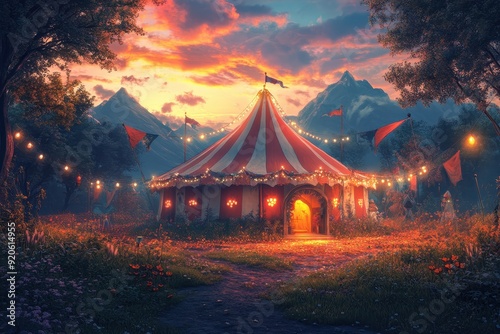 Magical Sunset over Enchanted Circus Tent with Mountains and Fairy Lights