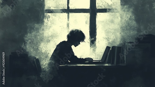 A student isolated in a study room, with depression represented as a heavy fog