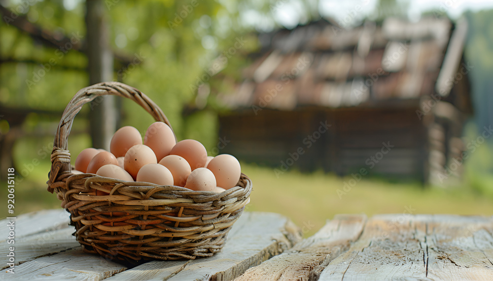 basket of chicken eggs on a wooden table over farm in the countryside basket of chicken eggs on a wooden table over farm in the countryside