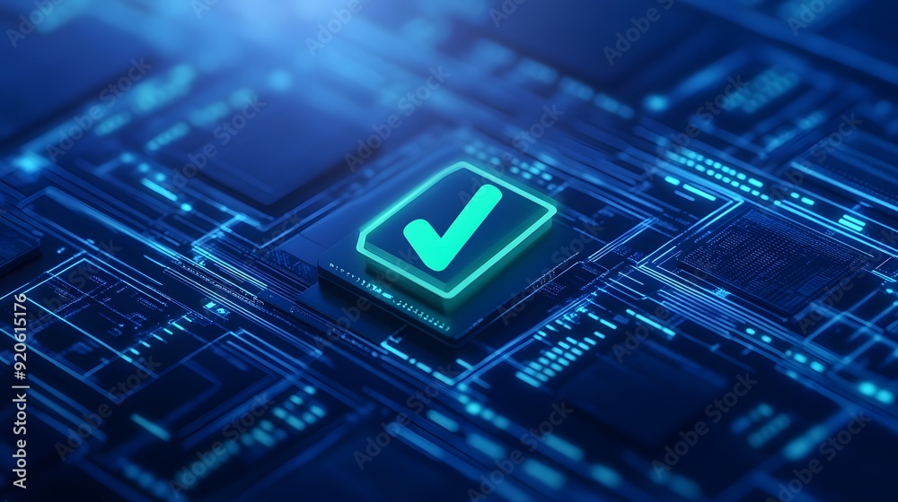 Futuristic digital checkmark on a blue circuit board background, symbolizing technology, security, and approval. Futuristic digital checkmark on a blue circuit board background, symbolizing technology, security, and approval.
