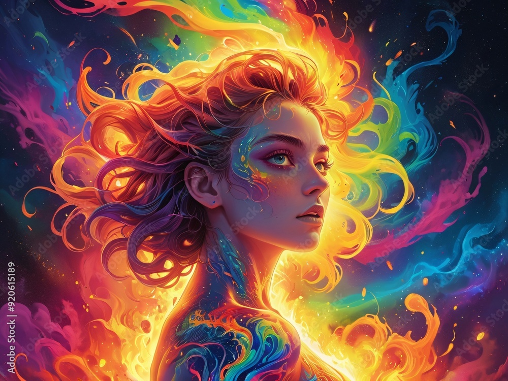 Artwork of a fire sorceress surrounded colourful by swirling flames.






