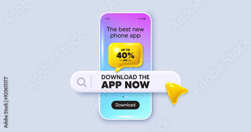 Up to 40 percent off sale. Phone mockup screen. Download the app now. Discount offer price sign. Special offer symbol. Save 40 percentages. Phone download app search bar. Vector