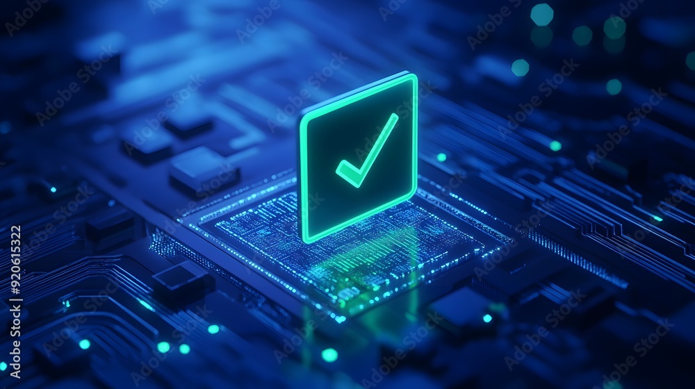 Futuristic digital checkmark on circuit board, symbolizing data security and approval in modern technology. Vibrant blue and neon lighting. Futuristic digital checkmark on circuit board, symbolizing data security and approval in modern technology. Vibrant blue and neon lighting.