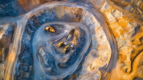 Aerial view of an expansive gold mining operation with winding roads and excavators
