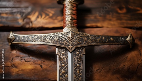 Close-up image of an ornate medieval sword hilt adorned with intricate designs, showcasing the craftsmanship and historical significance of this ancient weapon 