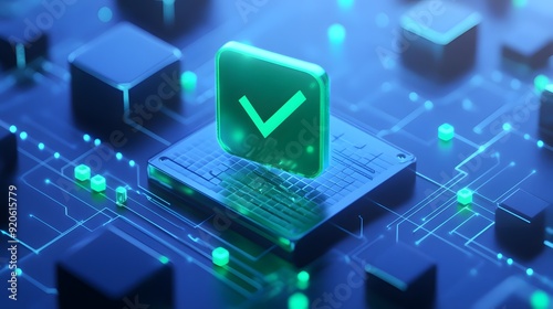 Futuristic digital circuit board with green checkmark symbol signifying successful and secure data processing and technology validation.