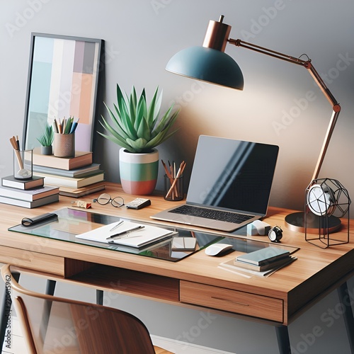 Working table with laptop and books