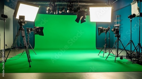 A green screen studio set up with lighting equipment, including a large green screen and tripods