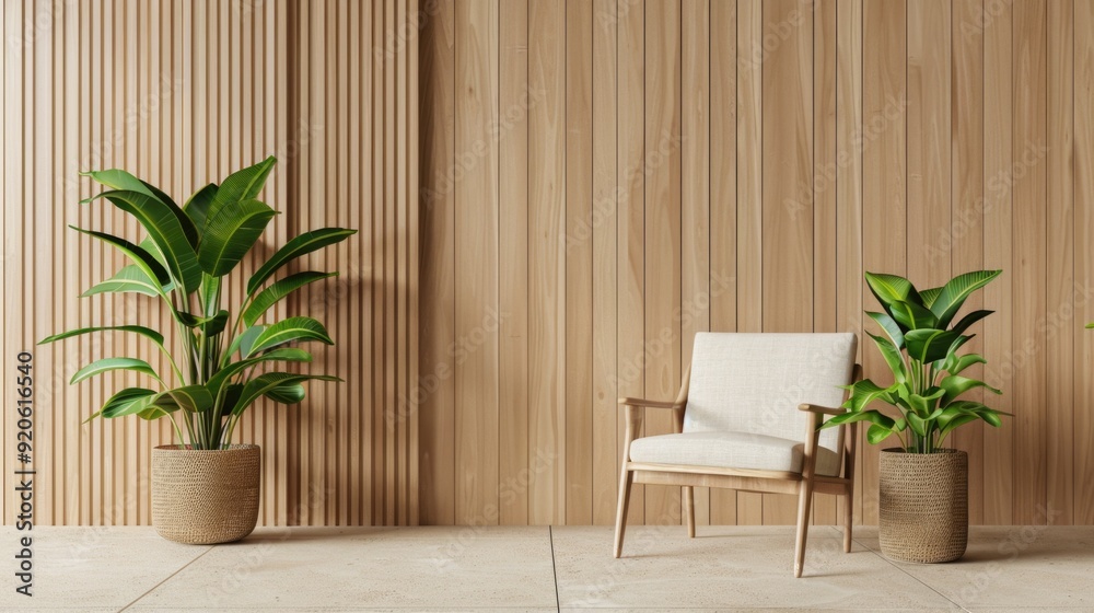 Room interior mock-up with beige tones, wooden chair, wood panel wall, and indoor plants. Room interior mock-up with beige tones, wooden chair, wood panel wall, and indoor plants.