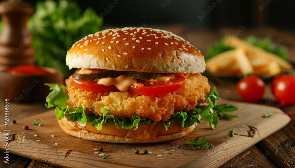 Chicken Burger Sandwich with Tomatoes and Cheese Chicken Burger Sandwich with Tomatoes and Cheese