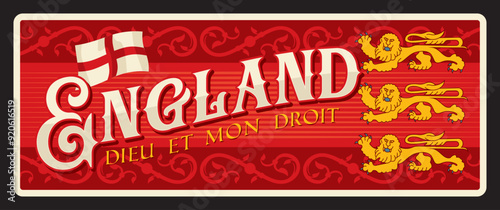 Retro style banner for England with traditional elements like St. Georges cross and lions. background is red with ornate patterns and Dieu et mon droit text emphasizing historical and national pride