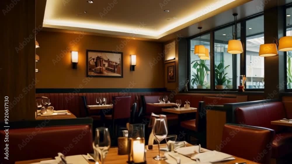 Interior of a Cozy Restaurant with Wooden Tables, Leather Booths, and Candlelight Interior of a Cozy Restaurant with Wooden Tables, Leather Booths, and Candlelight