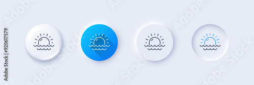 Sunny weather forecast line icon. Neumorphic, Blue gradient, 3d pin buttons. Summer sun sign. Sunset with waves. Line icons. Neumorphic buttons with outline signs. Vector