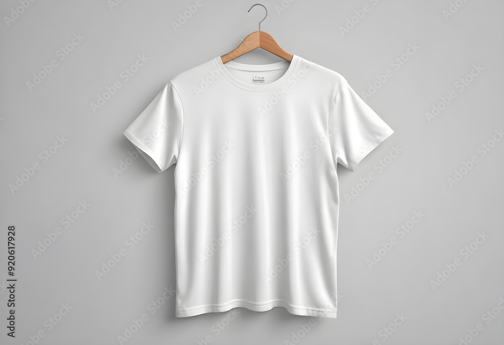 A white t shirt hangs on a wall with a grey background AI generated A white t shirt hangs on a wall with a grey background AI generated