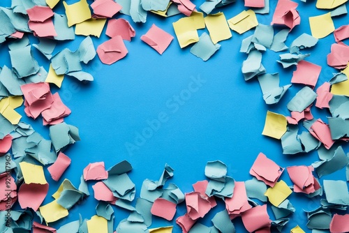 Colorful sticky notes on blue background with copy space for text or design.
