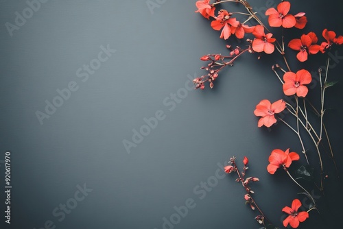 Minimalist plain dark grey background with red flowers on the right side, copy space concept.