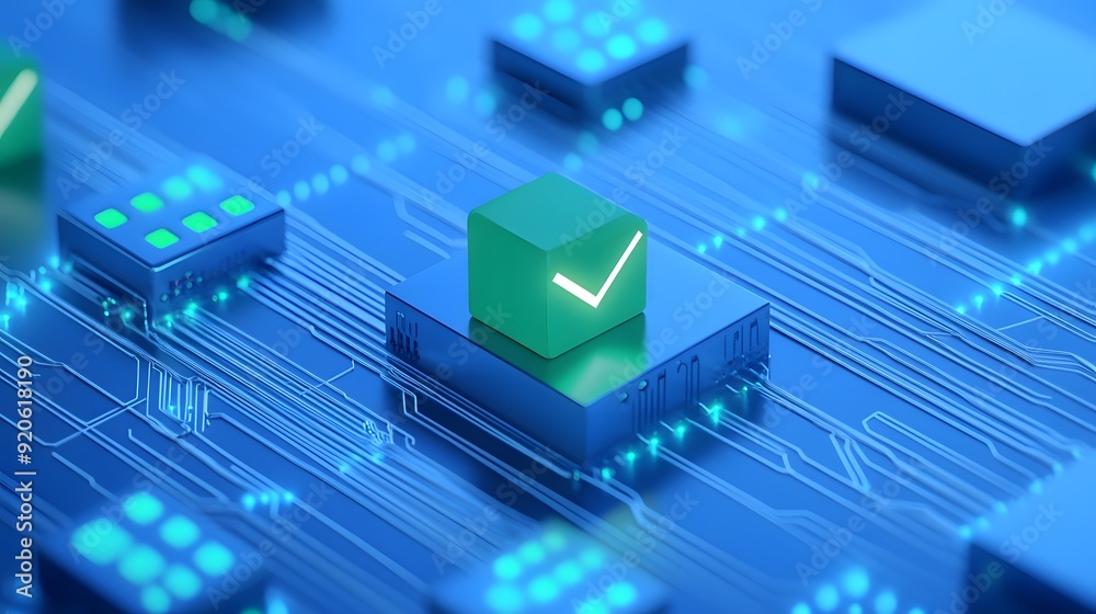 Green checkmark on a glowing digital cube, representing data ...