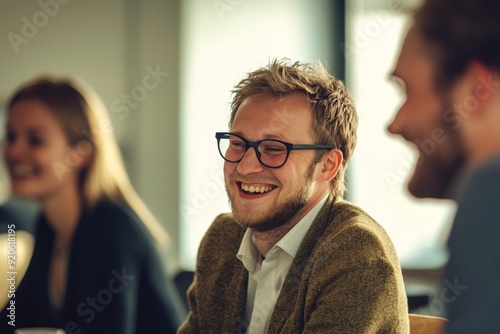 A portrait of happy young man with glasses and short blonde hair, sitting in the office meeting room laughing along side other people.
