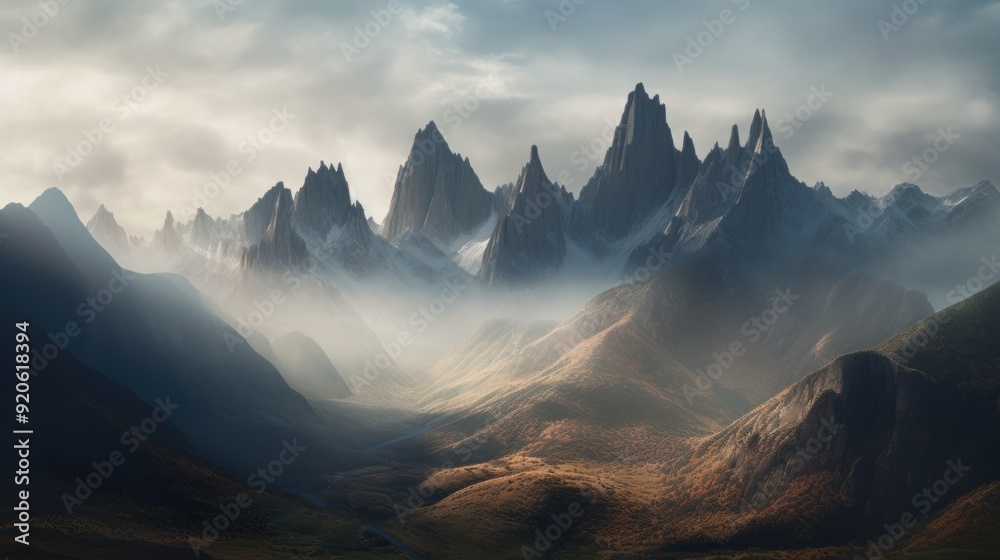 Majestic Mountain Range with Fog and Sunlight Majestic Mountain Range with Fog and Sunlight