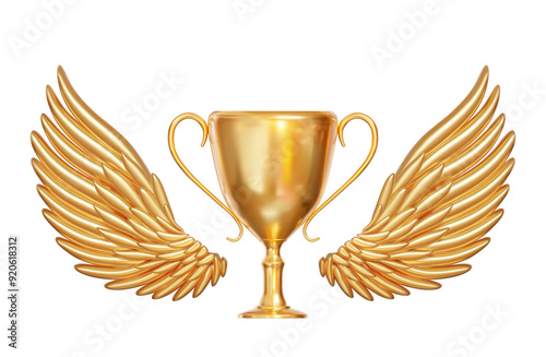 3d detailed golden angel wings and trophy cup. Symbol of sports and business achievements. Stock vector illustration on isolated background.