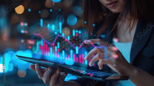 Businesswoman using a tablet with holographic financial graphs and blockchain visuals, fintech, advanced financial solutions