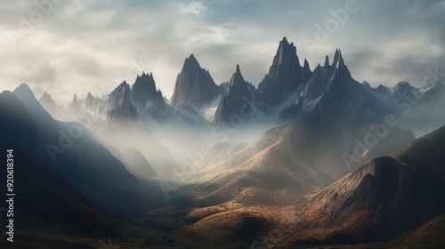 Majestic Mountain Range with Fog and Sunlight