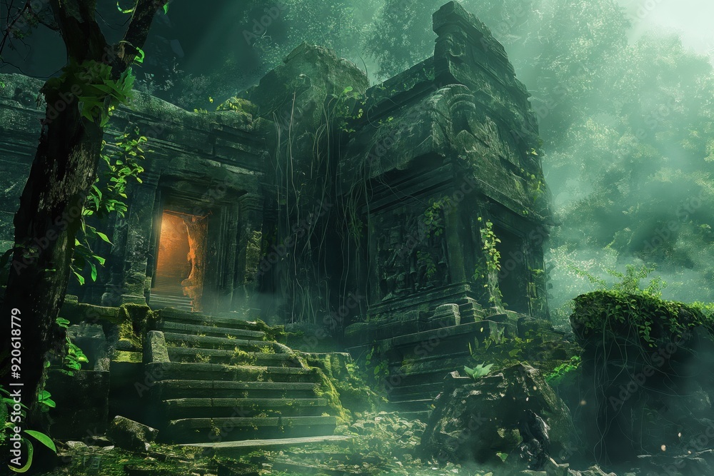 Obraz premium Ancient stone temple is being reclaimed by the jungle with vines and lush foliage growing on the structure