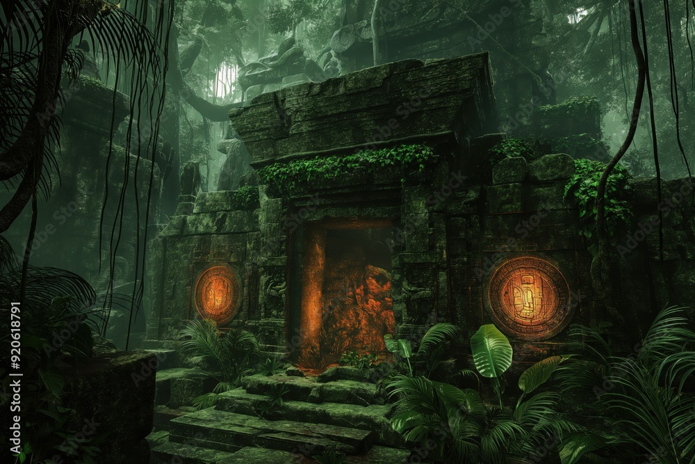 Obraz premium Ancient mayan temple entrance is being reclaimed by the jungle with lush greenery growing on its facade