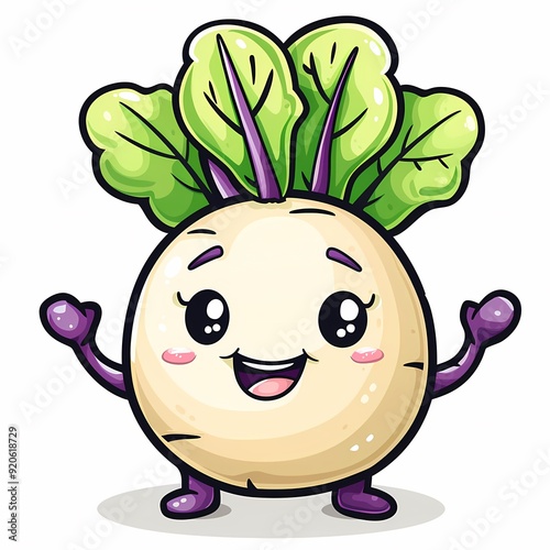 Cartoon Turnip Character with a Friendly Smile and Waving Hands. photo