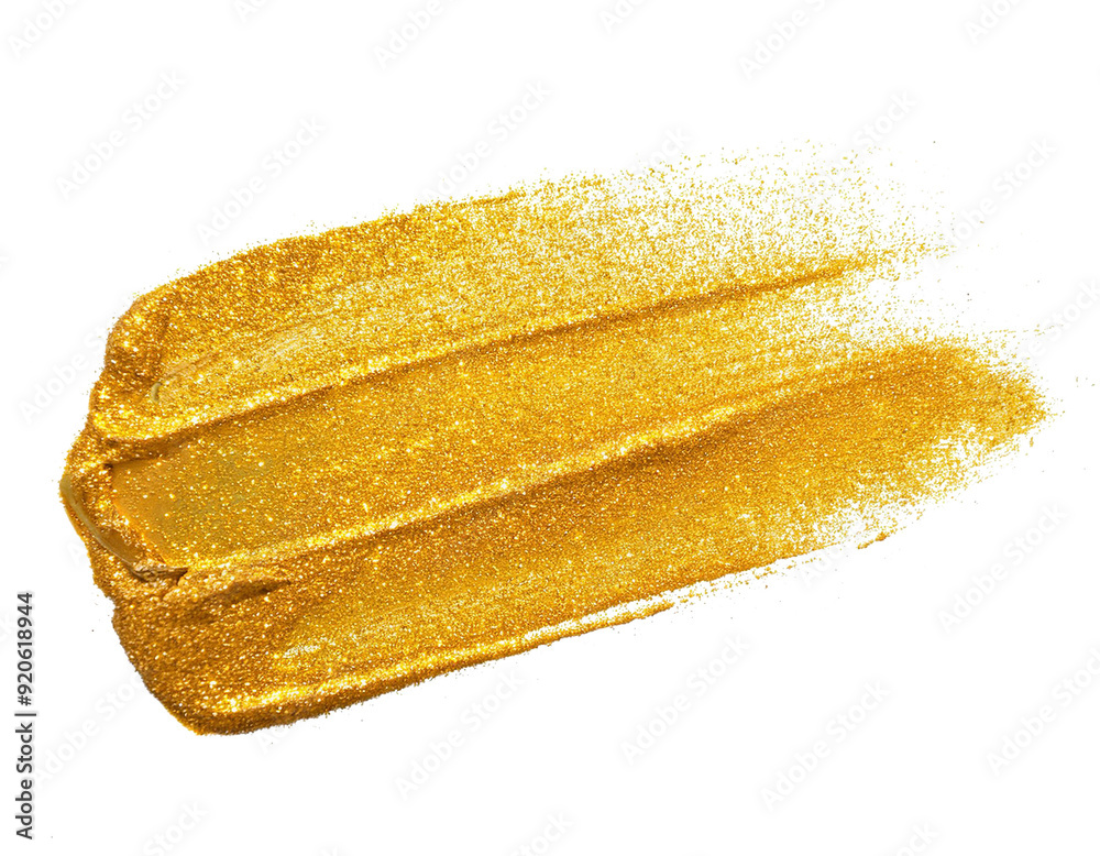 Fototapeta premium Pinselstrich mit gelber Glitzerfarbe, weißen Hintergrund, Freisteller, Transparent 