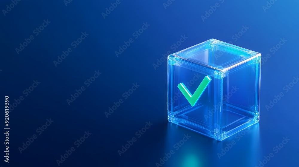 Transparent cube with a green checkmark inside on a blue gradient background symbolizing approval, success, and verification. Transparent cube with a green checkmark inside on a blue gradient background symbolizing approval, success, and verification.